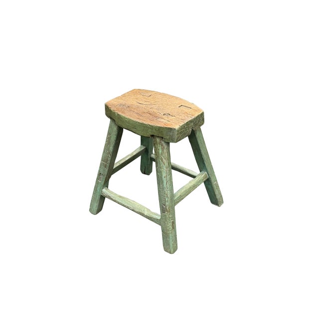Rustic Bold Distressed Light Sage Green 4 Legs Wood Stool Side Table Stand For Sale In San Francisco - Image 6 of 15
