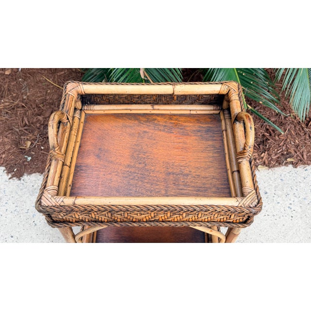 Wood Vintage Bamboo Wicker Rattan 2-Tier Table Stand Occasional Table For Sale - Image 7 of 12