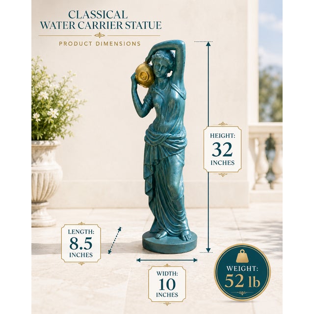 A graceful 32-inch Greco-Roman style garden maiden sculpture, crafted from solid concrete and finished in a blue-green...