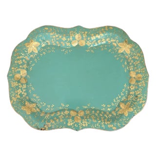 Early-20th Century Hand-Painted Teal & Gold Tole Serving Tray For Sale