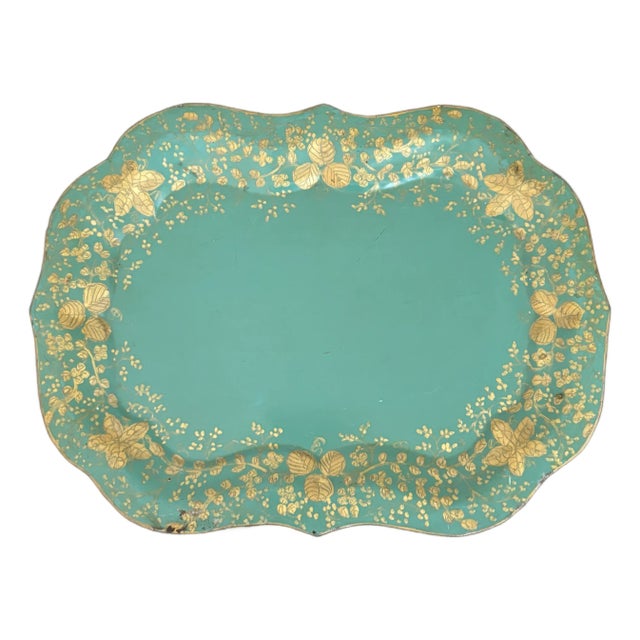 Early-20th Century Hand-Painted Teal & Gold Tole Serving Tray For Sale