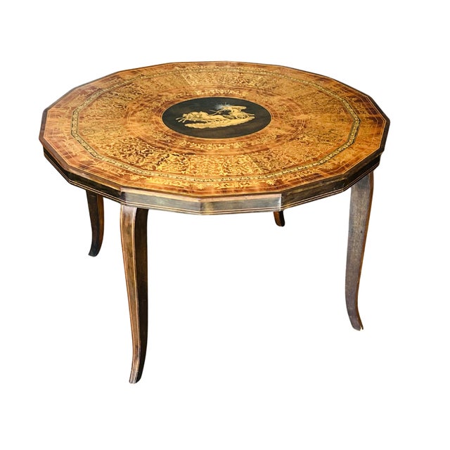 Colombo Vintage Italian Sorrento Marquetry Table With Helios Chariot Scene – Hand-Inlaid Neoclassical Olive Wood & Burl Walnut Side Table For Sale - Image 4 of 9