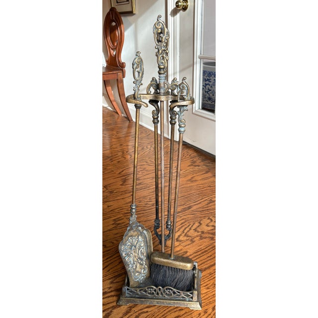 Mid-Century Modern Ornate Italian Vintage Brass Fireplace Tools With Matching Stand For Sale - Image 3 of 10