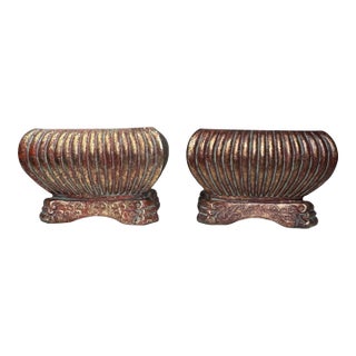 Art Deco Ceramic Cachepots, a Pair in Burgundy, Verdigris & Gold For Sale