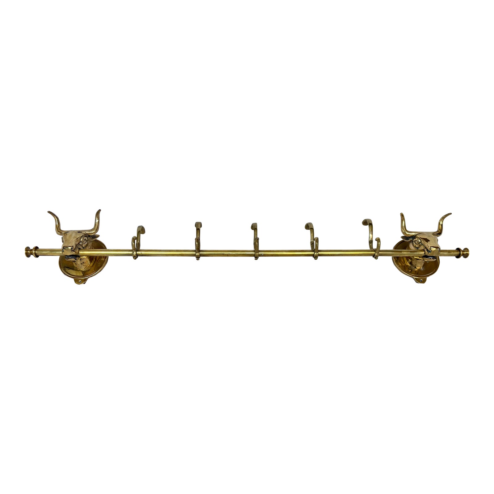 Mid 20th Century Brass Longhorn Cow Head Five Hook Coat Rack | Chairish