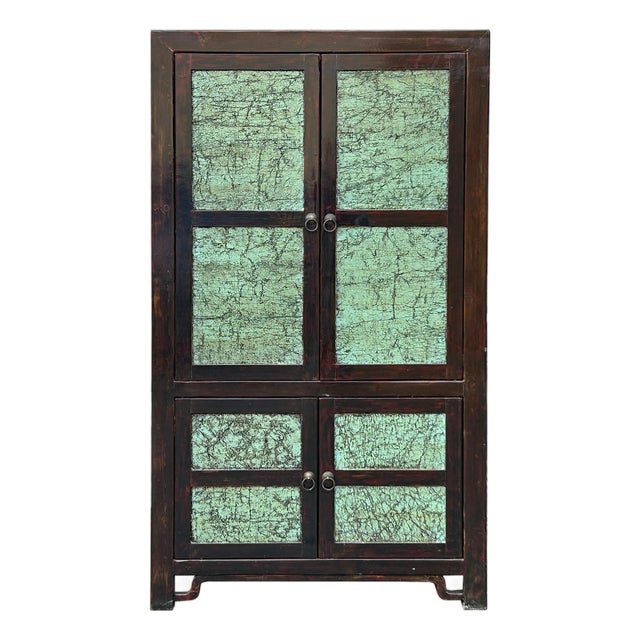 Chinese Distressed Turquoise Brown Large Armoire Wardrobe Cabinet For Sale
