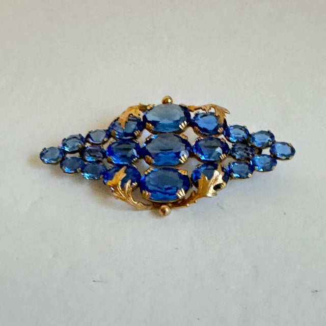 Metal Vintage Blue Brooch Gold Plated Setting Czech Topaz Glass Austrian Crystal Pin Estate Piece For Sale - Image 7 of 11