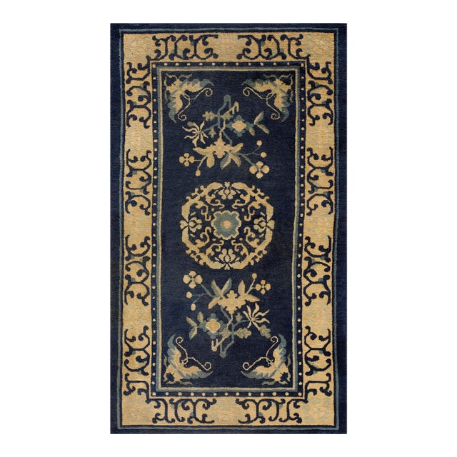 Superb Navy Background Color With Geometric Design Antique Chinese Peking Rug For Sale