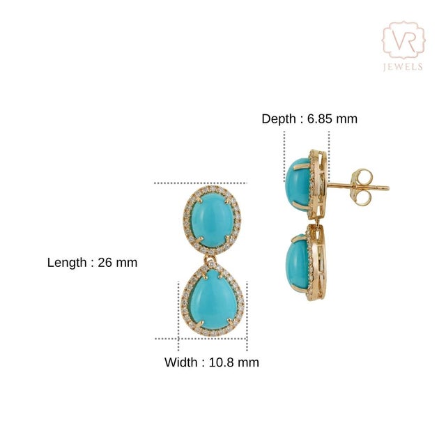 8.94ct Sleeping Beauty Turquoise Drop Earrings With Diamonds in 14k Gold- 2 Pieces For Sale - Image 10 of 14