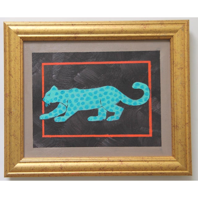 A leopard silhouette in muted shades of aqua , sepia, beige orange. Abstract, Minimalism, Folk Art, English Traditional,...