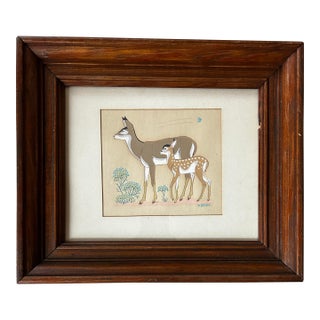 Mid Century Original Painting of a Deer and Fawn For Sale