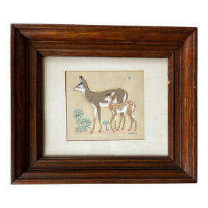 Mid Century Original Painting of a Deer and Fawn