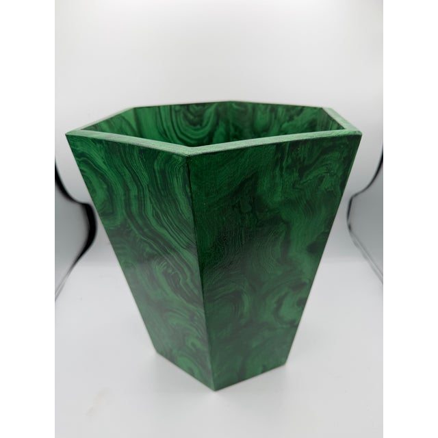 Wood Handmade Handpainted Hexagonal Wooden Wastebasket Faux Malachite Green For Sale - Image 7 of 12