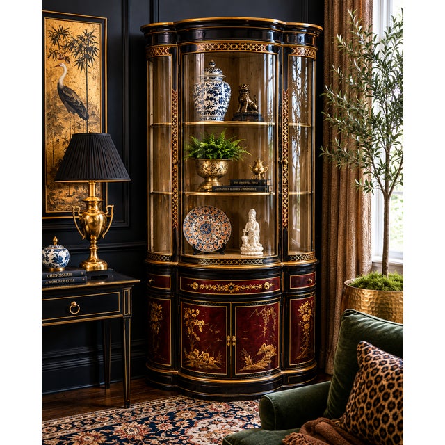 Elegant vintage chinoiserie corner curio cabinet by Union National of Jamestown, New York. This beautifully detailed...