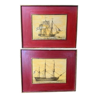 Vintage Spanish Coastal Galleon Ship Boat Art- a Pair For Sale