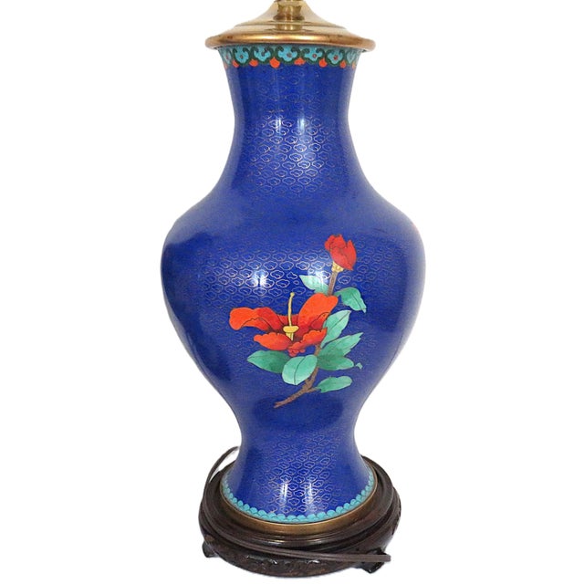 Late 20th Century Chinese Cloisonne Table Lamps With Flowers & Butterfly in Cobalt Blue - a Pair For Sale In Providence - Image 6 of 10