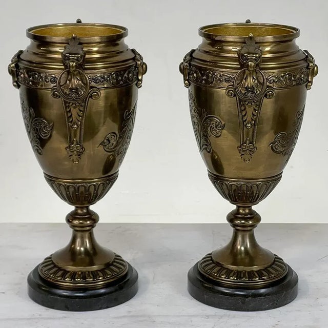 Pair of 19th Century French Napoleon III Period Bronze & Brass Urns For Sale In Dallas - Image 6 of 13