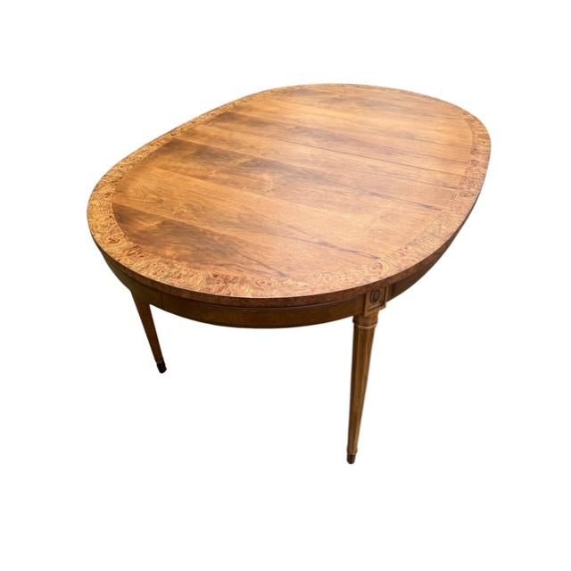 Brown Vintage American Furniture Burl Walnut Oval Expandable Dining Table With 3 Leaves & Original Table Pad For Sale - Image 8 of 13