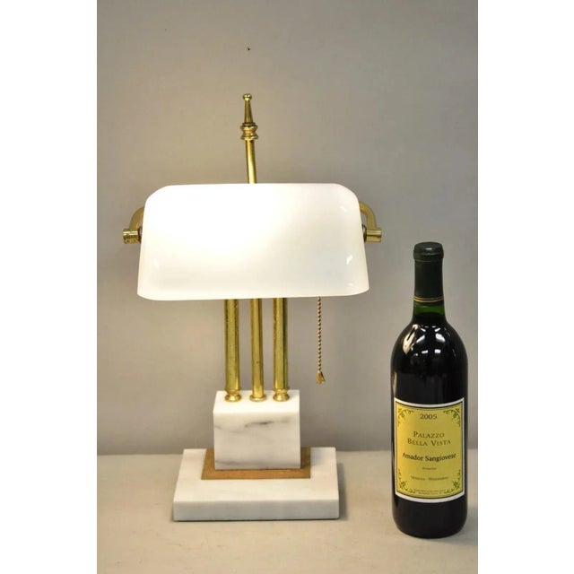 Vintage Mid Century Modern/Art Deco White Marble & Brass Bankers Desk Lamp w/ Glass Shade. Circa Late 20th Century....