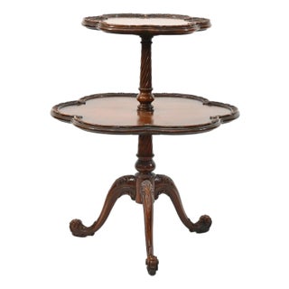 1930s–40s Colonial Revival Mahogany Two-Tier Carved Pie Crust Accent Table For Sale
