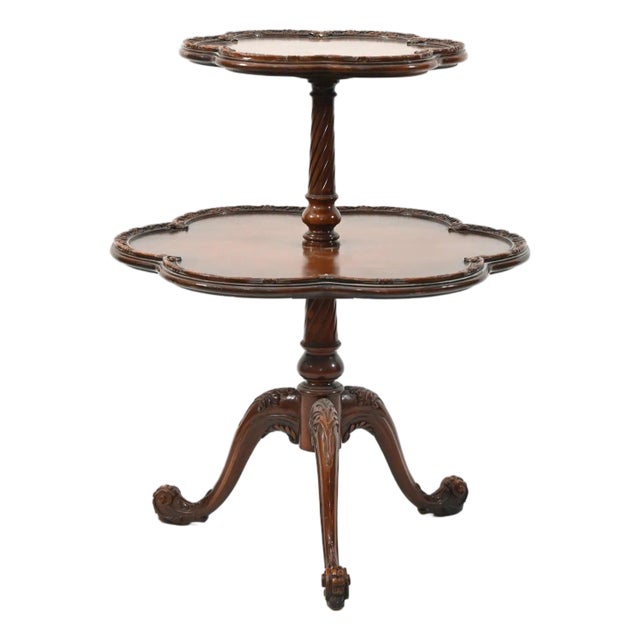 1930s–40s Colonial Revival Mahogany Two-Tier Carved Pie Crust Accent Table For Sale