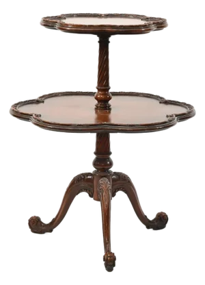 1930s–40s Colonial Revival Mahogany Two-Tier Carved Pie Crust Accent Table