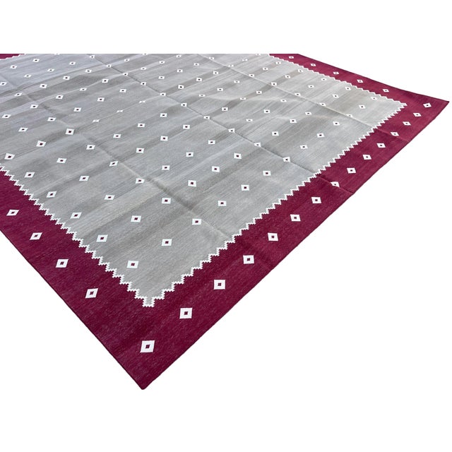 Handmade Cotton Vegetable Dyed Area Rug, Diamond Pattern Beige, Cream and Pink Dhurrie - 9'x12' For Sale - Image 6 of 12