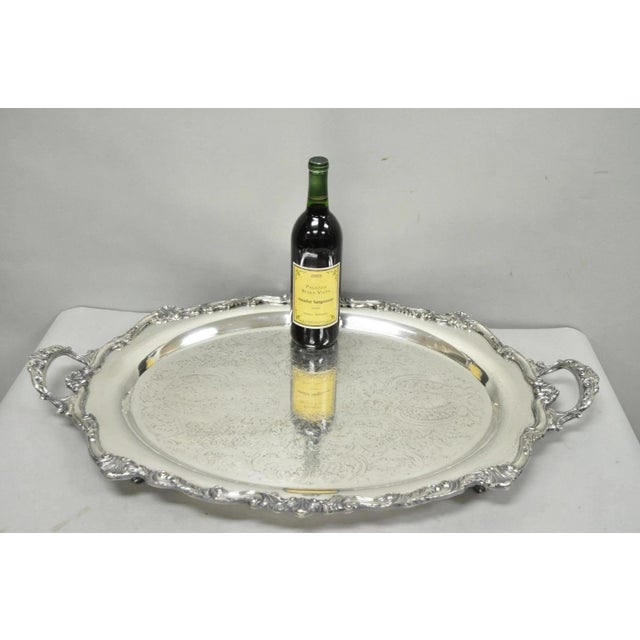 Vintage English Sheridan Silver Plated Large Oval Serving Platter Bar Tray. Circa Mid 20th Century. Measurements: 3" H x...