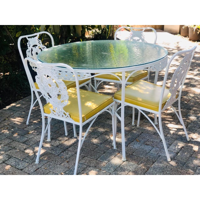 Vintage 1960s Mid Century Cast Aluminum Patio Dining Table & 4 Chairs by Keller Scroll of Miami