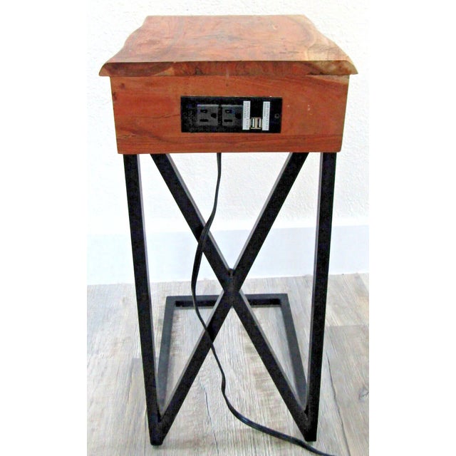 1980s Live Edge Acacia Wood Side Table With Black Iron Frame Electrical Usb Outlets For Sale - Image 5 of 8