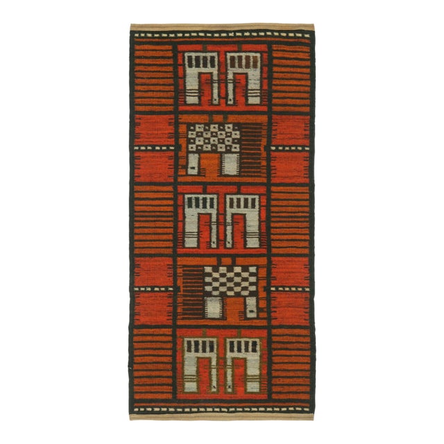 Vintage Swedish Rya Runner in Rust With White Geometric Pattern - Rug & Kilim For Sale