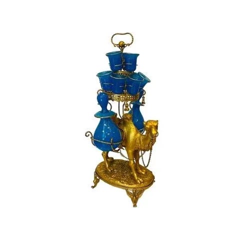 Gold Metal and Blue Opaline Liquor Service on Camel Stand, Set of 15 For Sale - Image 5 of 5
