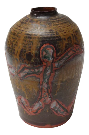 Studio Ceramic Terracotta Vase with Crude Figural Design