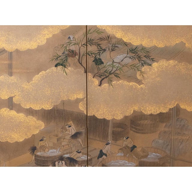 "Sake Brewery", Heisei Era Japanese Yamato-E Byobu Screen For Sale - Image 12 of 18