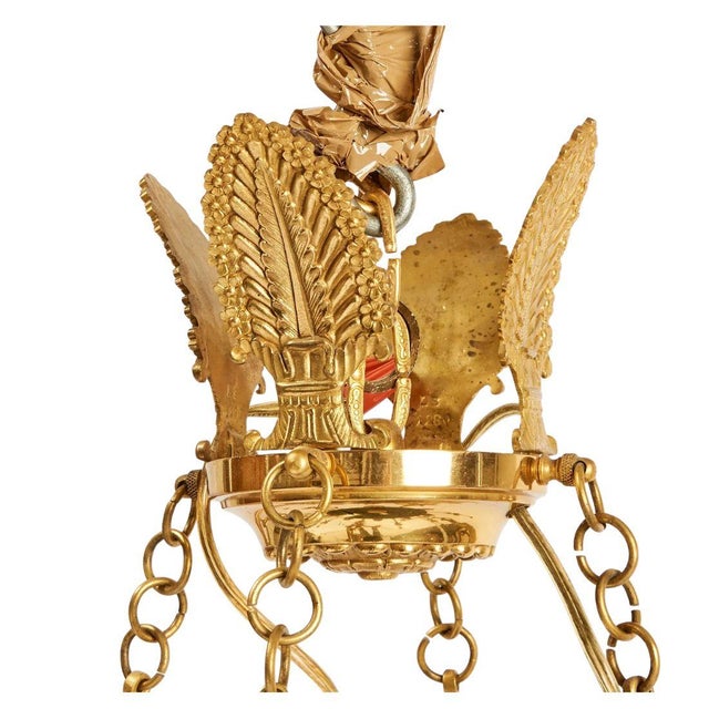 Mid 20th Century Mid 20th Century Empire Style Gilt and Green Metal Eight Light Chandelier With Bird Motif For Sale - Image 5 of 5
