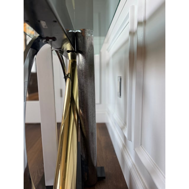 Kaizo Oto for Design Institute America Postmodern Brass, Chrome & Glass Sculptural Console Table For Sale - Image 12 of 12