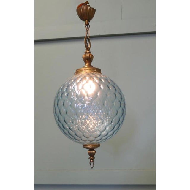 Large French Pale Blue Dimple Globe Pendant Light, 1960 For Sale - Image 3 of 7