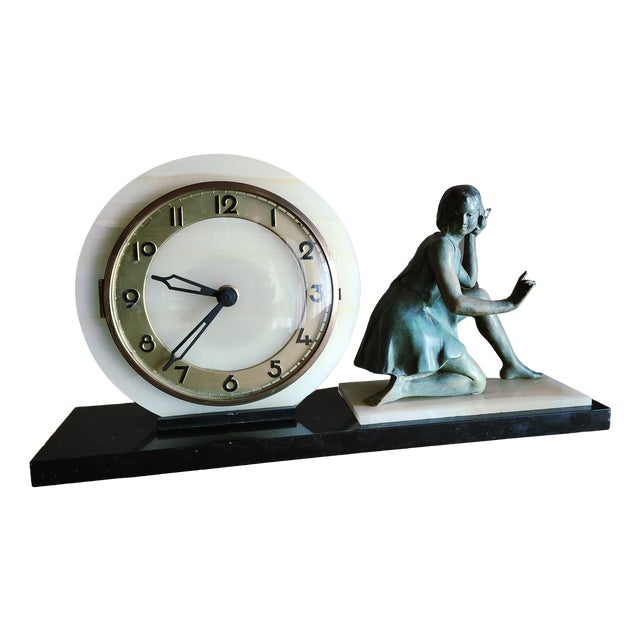 Art Deco Marble and Bronze S Marti Clock with Geo Maxim Sculpture, 1920s For Sale