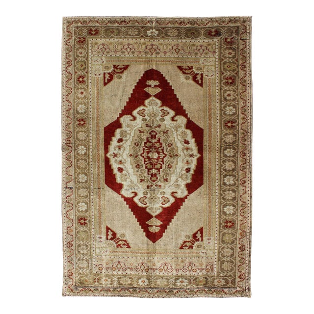 Keivan Woven Arts, Tu-Ugu-21, Vintage Turkish Oushak Rug in Taupe Green Border and Red Layered Medallion For Sale