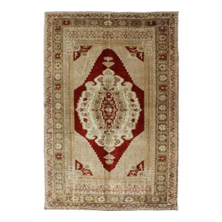 Vintage Turkish Oushak Area Rug, Red Medallion, Green Border by Keivan Woven Arts For Sale