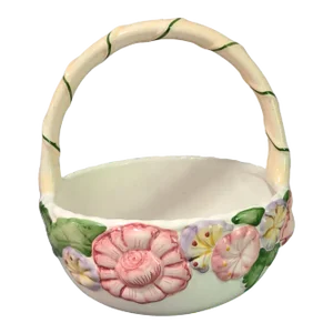 Vintage Hand Painted Floral Ceramic Basket Made in Portugal