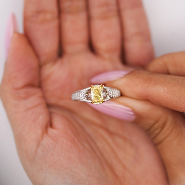 1990s Gia Cert. 1.01 Carat Fancy Intense Yellow Radiant Diamond Pave Set Split Ring, Size 6.25 For Sale - Image 9 of 12