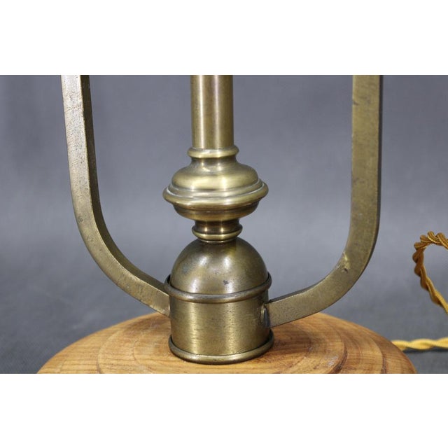 Metal Brass Table Lamp with Wooden Base and Glass Shade, 1930s For Sale - Image 7 of 18