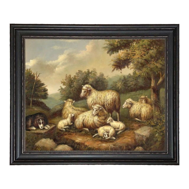 "Sheep in Landscape" Contemporary Reproduction Print on Canvas, Distressed Black Frame For Sale