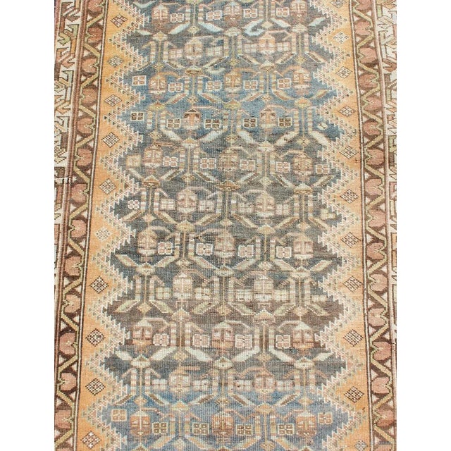 Textile Antique Persian Malayer Runner With Teal, Gray, Blue and Brown in All Over Geometric Design For Sale - Image 7 of 9