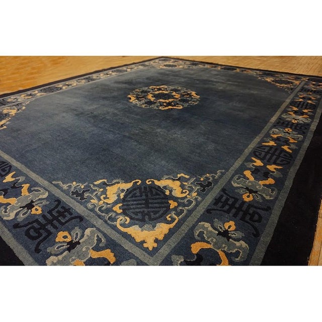1900 - 1909 1900s Blue Traditional Shou Symbols Medallion Antique Peking Chinese Knotted Rug For Sale - Image 5 of 10