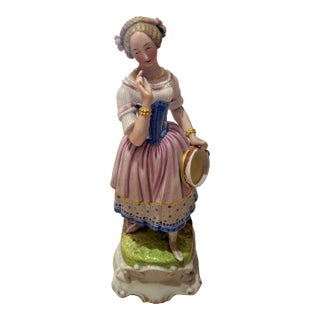Vintage Hand-Painted Porcelain Lady Figurine With Tambourine – 12"h For Sale