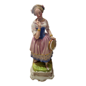 Vintage Hand-Painted Porcelain Lady Figurine With Tambourine – 12"h