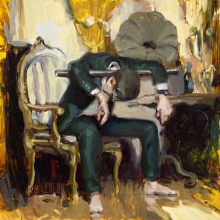 Something in the Way by Nadezda | Oil on panel of a man slumped in a chair with a gramophone nearby For Sale