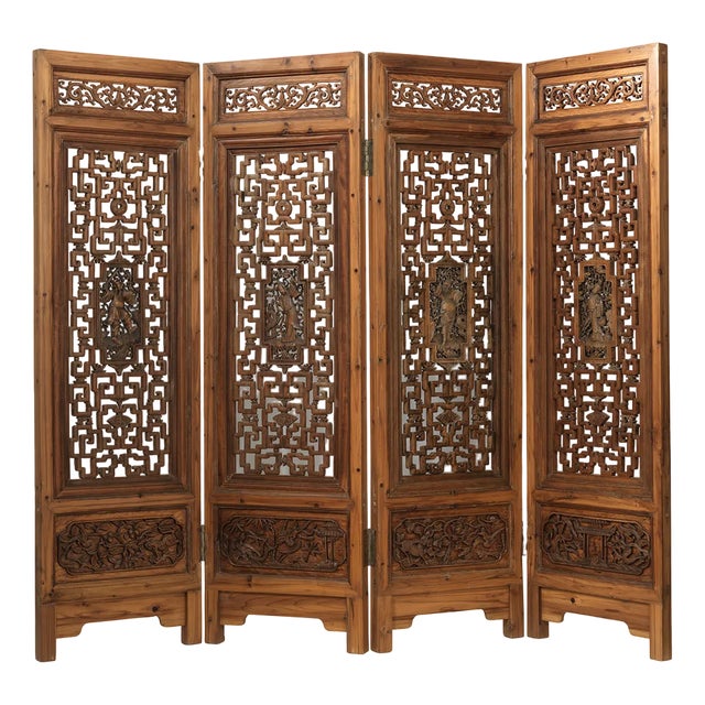 Chinese Screen with Carved Figures For Sale